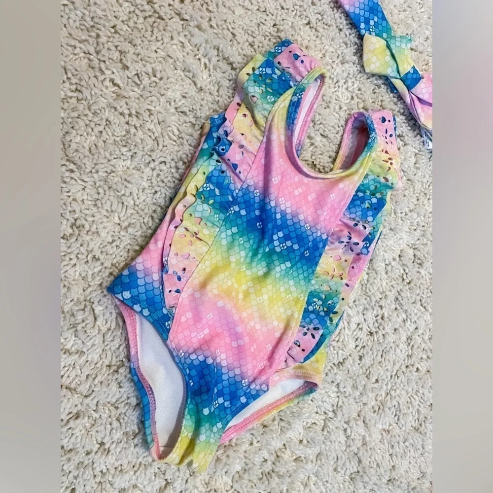 Hurley | Baby Girl Multicolored Mermaid Print Swimsuit & Matching Bow‎